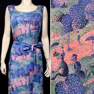 1970s NOVELTY PRINT DRESS Shirt Set GEORGES SEURAT Vintage Belt ‘Henry Lee’ M/L